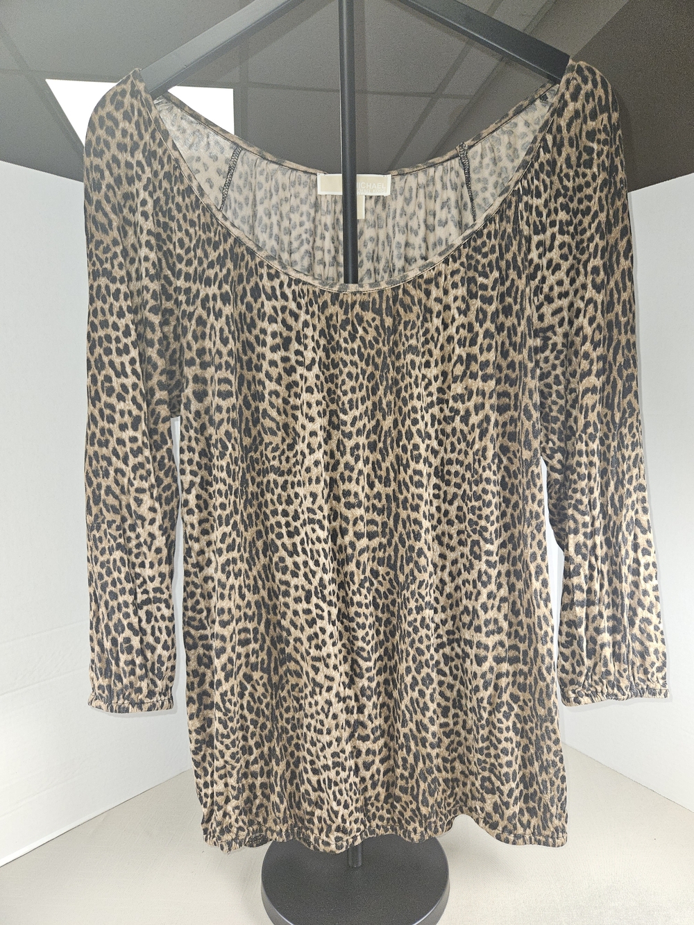 Michael Kors Leopard Print Scoop Neck Top - Brown & Black 3/4 Inch Sleeve Medium